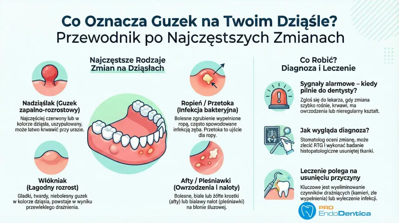 Ilustracja przedstawia ropień na dziąśle, który jest bolesnym zgrubieniem wypełnionym ropą, często spowodowanym infekcją zęba.