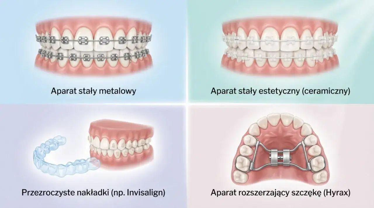Aparat metalowy, estetyczny, nakładki Invisalign i aparat Hyrax do leczenia zgryzu krzyżowego.