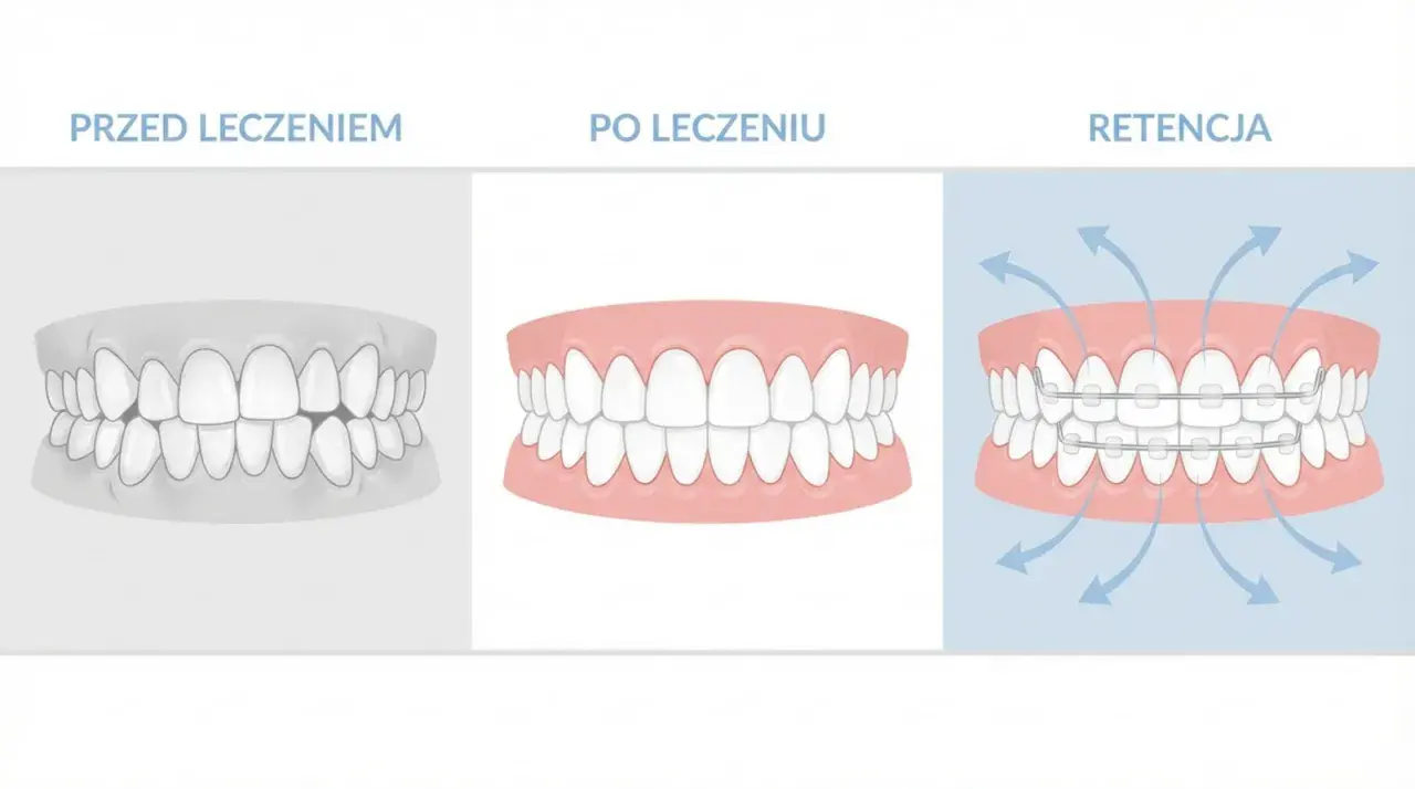 Trzy etapy leczenia ortodontycznego: przed leczeniem, po leczeniu i retencja aparatem.