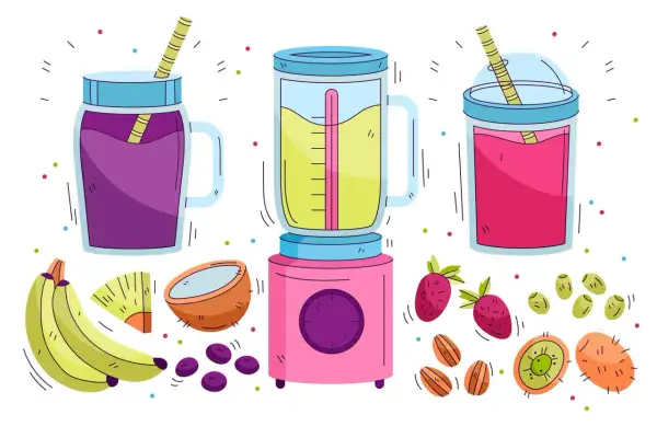 Smoothie z owoców to idealna opcja, co jeść po wyrwaniu zęba. Banany, truskawki, kiwi i jagody w blenderze.