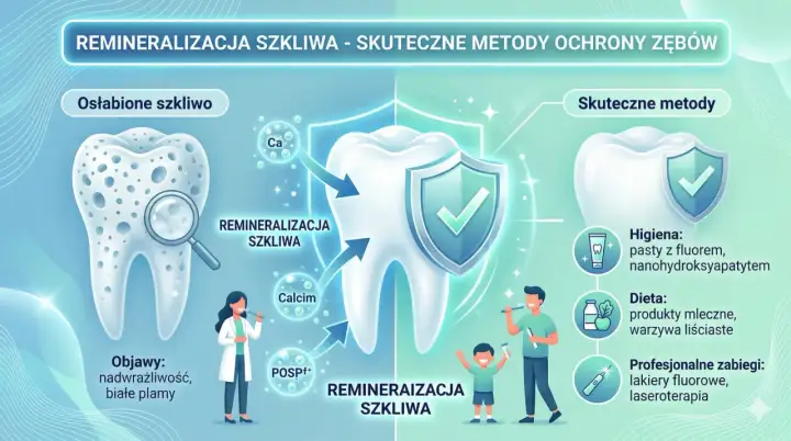 Ilustracja pokazuje proces remineralizacji szkliwa. Osłabione szkliwo z widocznymi ubytkami jest leczone za pomocą wapnia i fosforanów. Skuteczne metody obejmują higienę, dietę i zabiegi profesjonalne.